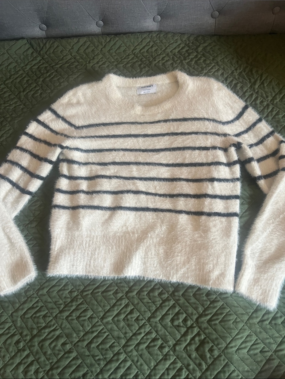 Old Navy Cream and Navy Fuzzy Stripe Crewneck Sweater